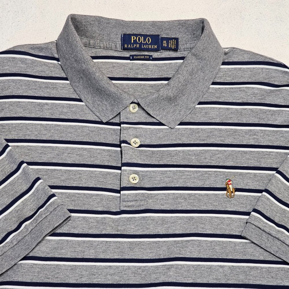 Polo Ralph Lauren XL Classic Fit Gray Navy White Striped Jersey Cotton Polo